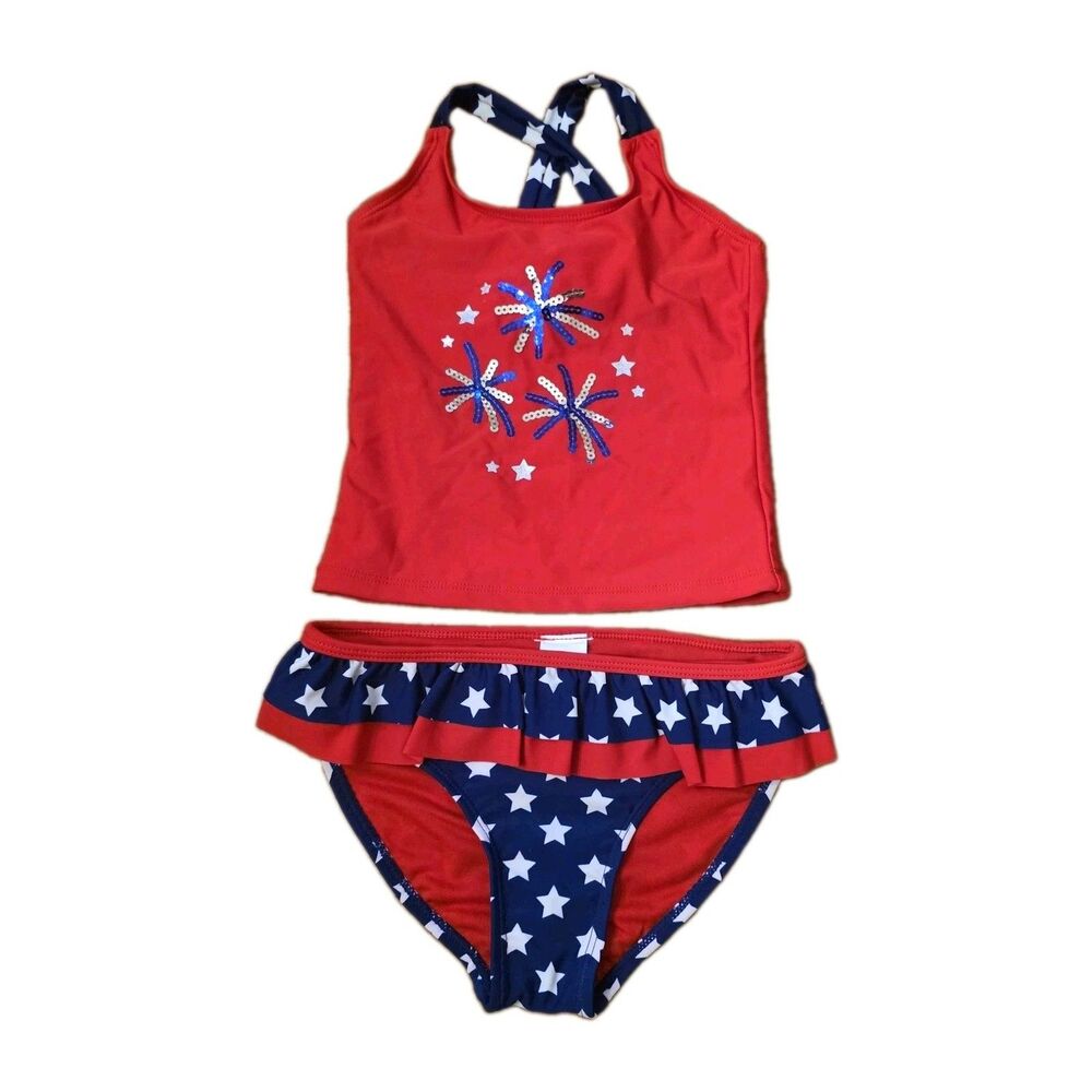 Lizens Girls 2pc Tankini Bathing Suit Size 6x Red White And Blue With Stars S